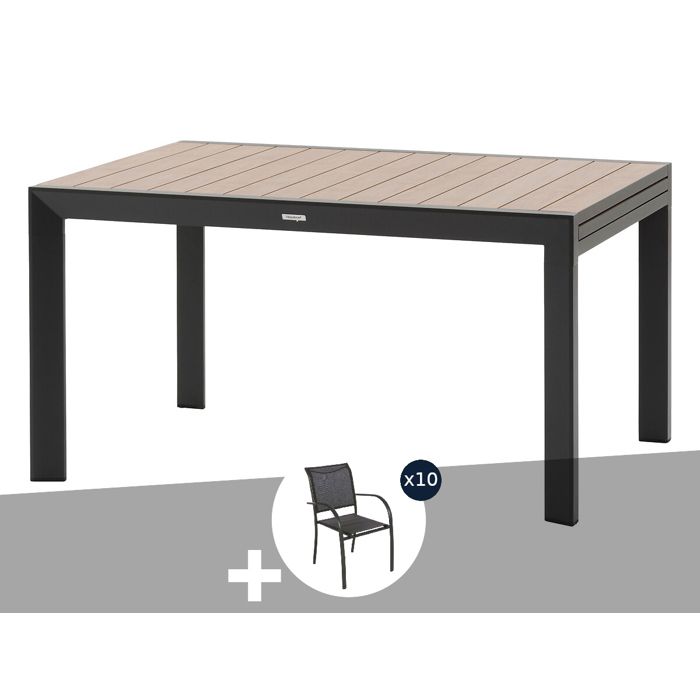 Table de jardin rectangulaire extensible coulissante Evasion Honey/Graphite 8/10 places + 10 fauteuils - Hespéride