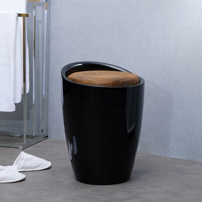 Tabouret DANIEL pouf rond avec rangement et assise rembourrée structure en plastique noir et revêtement en tissu brun vintage