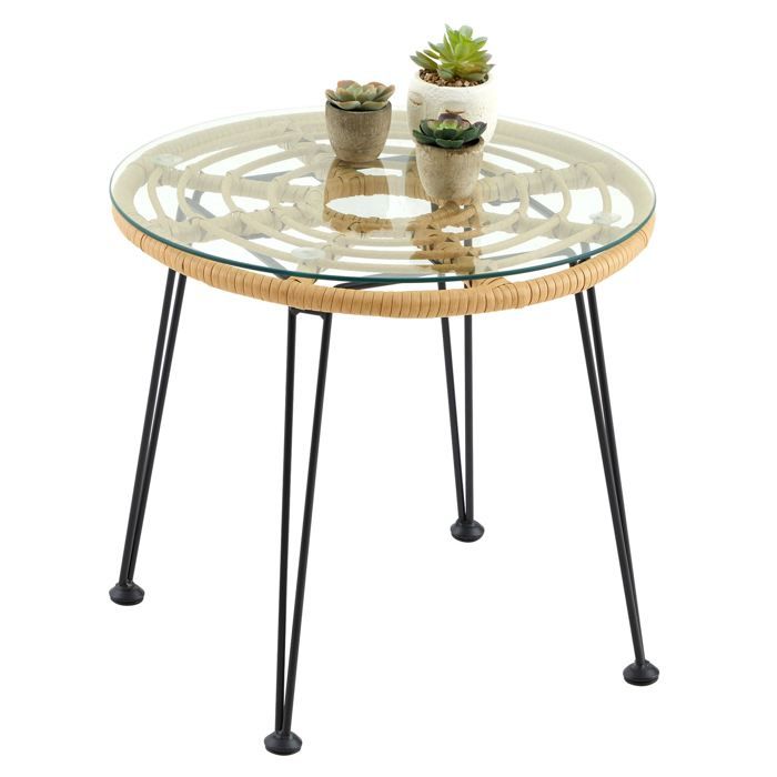 Table d'appoint PARAMO - IDIMEX - Plateau rond en verre et imitation rotin - Piètement en acier noir