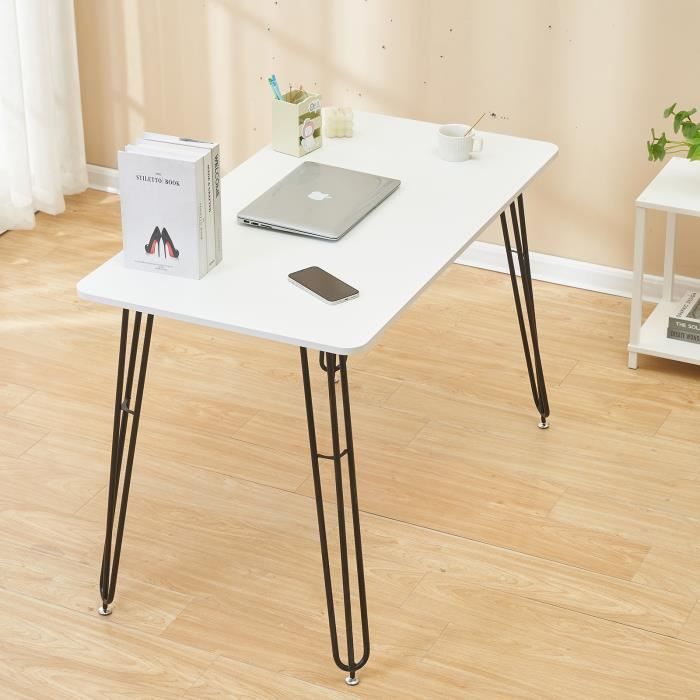 KEDIA. Table de cuisine, table de salle à manger Rectangulaire, panneau de bois + pieds en fer, blanc pur, 110*60cm