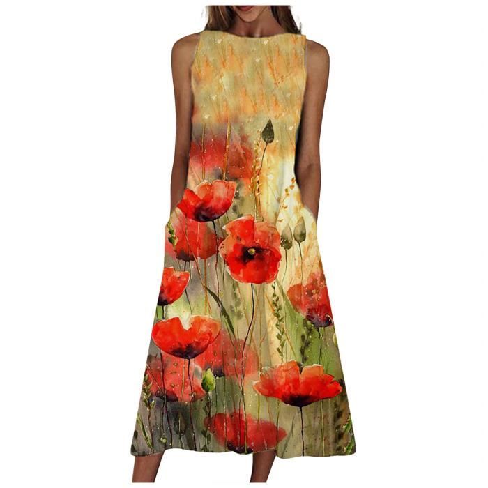 Robe Rétro Imprimée Sans Manches Longue