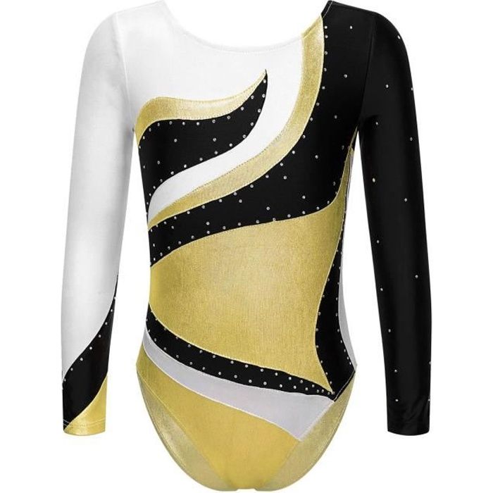 YONGHS Justaucorps Gymnastique Danse Fille Enfant Leotard Strass Brillant Métallique Manches Longues 5-14 Ans