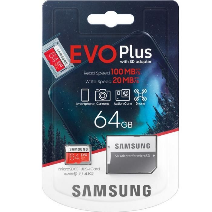 Carte mémoire Samsung Evo Plus 64 Go microSD SDXC Classe 10 (2020) modèle jusqu'à 100 Mo/S Full HD et 4K UHD avec Adaptateur