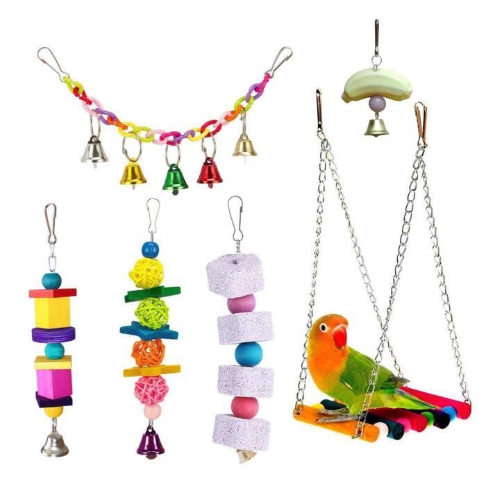 Oiseaux Inséparables Hamac D'escalade À Balançoire ，Chaîne Perchés Pour Oiseaux Cage À Oiseaux De Noix De Coco Naturelle Avec Échelle Oiseau Perroquet Jouets 7 Pcs Aras Perroquets Perruches 