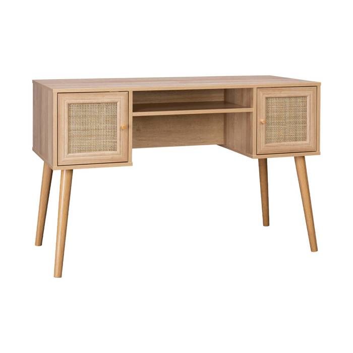 Bureau cannage et décor bois avec 2 portes. 1 casier ouvert. pieds compas Bureau cannage et décor bois avec 2 portes. 1 casier ouvert. pieds compas