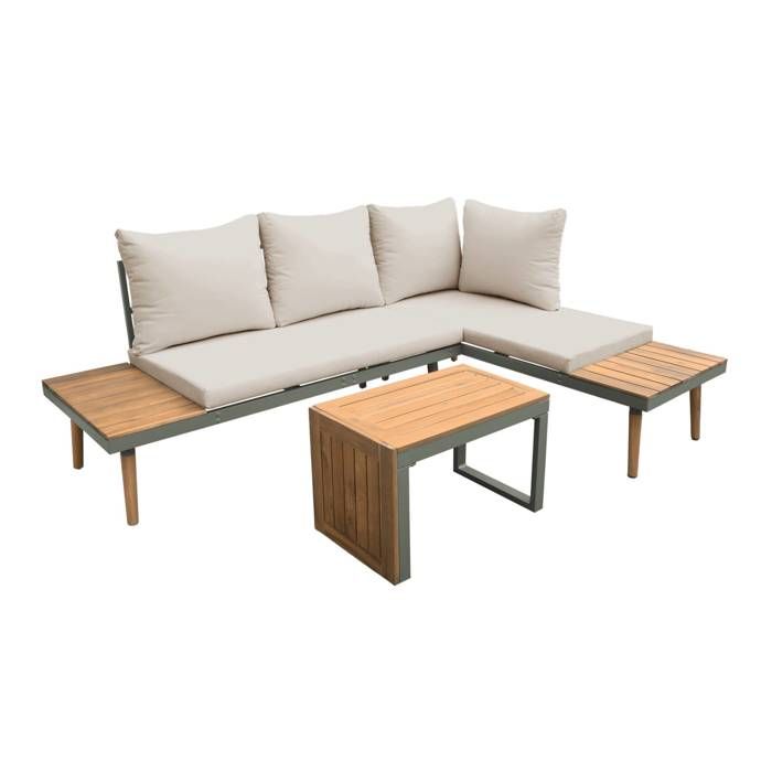 Salon de jardin kaki foncé. modulable en aluminium et bois dacacia. 4 places. Sao Paulo.140 x 68 x 65cm