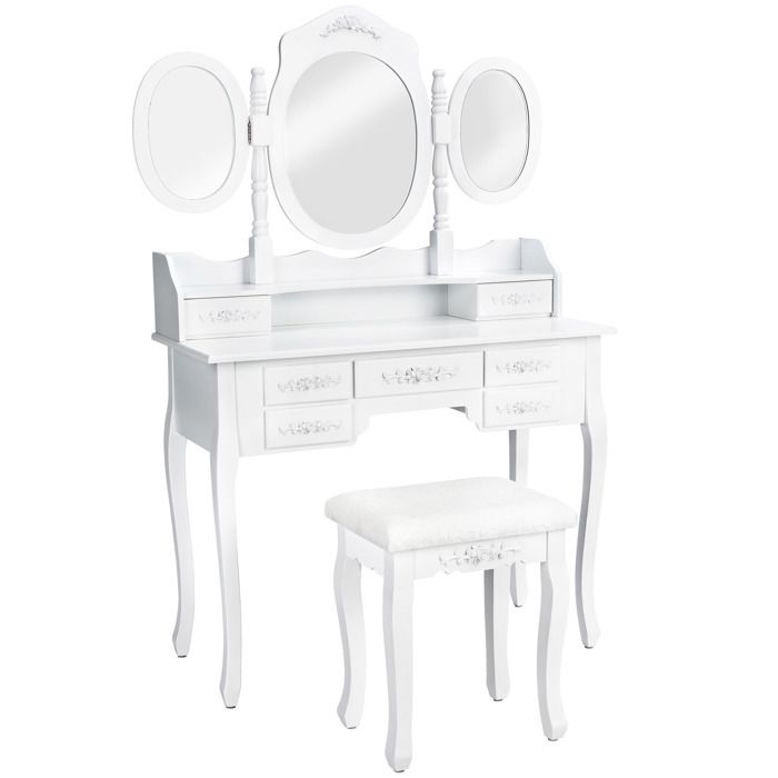 tectake coiffeuse table de maquillage commode avec miroir 3 faces rabattables et 7 tiroirs + 1 tabouret - blanc
