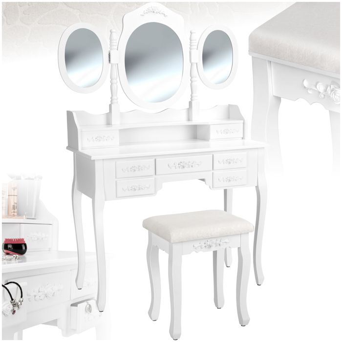 Coiffeuse - TECTAKE - Meuble coiffeuse pour maquillage miroir 3 faces rabattables 7 tiroirs et tabouret 90 x 40 x 145 cm - Blanc