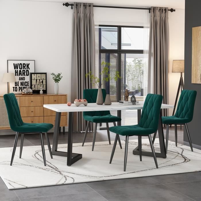 ensemble 5 pièces 1 table 4 chaises, chaises de cuisine en velours twill vert foncé, pieds de table noirs
