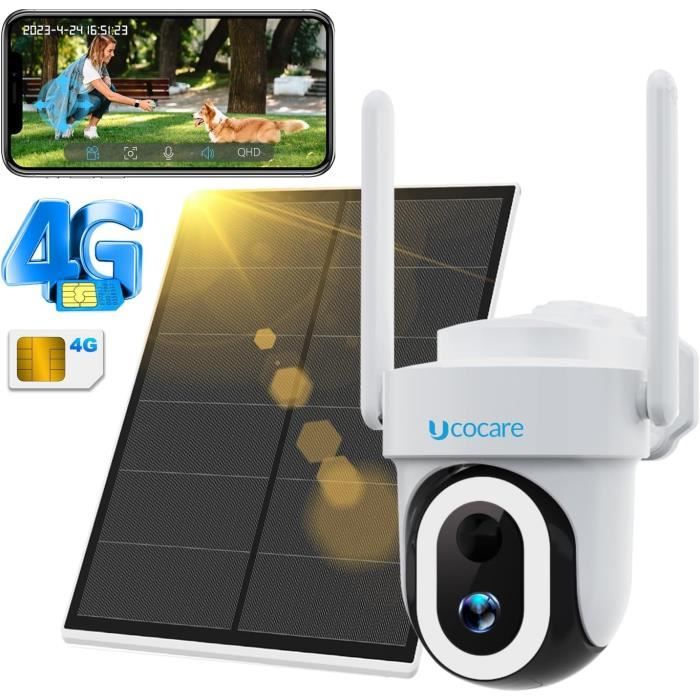 Caméra De Surveillance 4G UCOCARE Sans WiFi - 2K, Batterie 5200mAh, Vision Nocturne, Détection IA, Idéale Zones Sans Internet