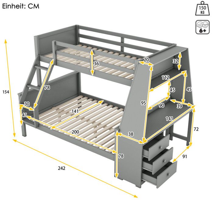 Lit Superposé Avec Bureau Et Tiroirs 90x200 Cm – Bois Massif, Espace Rangement | Pour Chambre D'Enfants Économe En Place