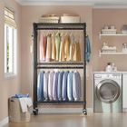 HOMDOX Portant à vêtements double barre 90X42X205cm avec étagères réglables, Portant à Vêtements avec 2 Crochets et Roulettes Noir