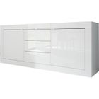 BRAND Buffet BASICO 2 Portes 3 Tiroirs Blanc Laqué brillant - L210xP42xH85,8 cm