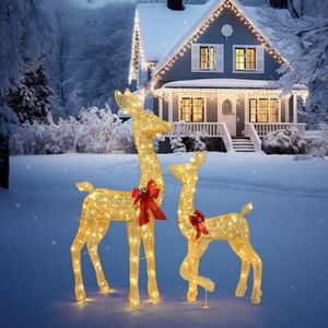 PERSONNAGES ET ANIMAUX Lot de 2 décorations de Noël, renne lumineux avec 210 LED, lumière blanche chaude, ensemble de décoration de cour extérieure, doré