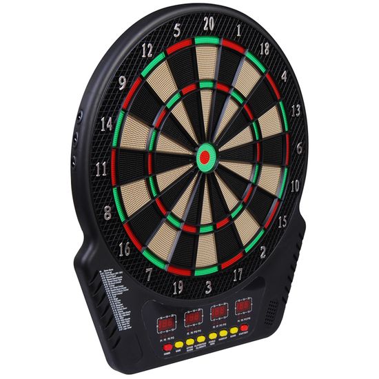 Cible de fléchettes électronique, avec ordinateur de jeu, 27 jeux différents, 243 variantes de jeu, portes en bois avec 4 écrans LED, jusqu'à 16 joueurs, 12 flèches, noir, 102 x 62 cm