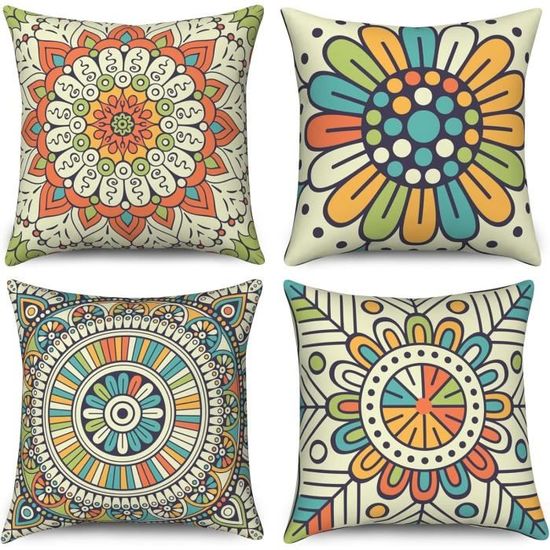 Lot De 4 Housses De Coussin 45x45cm Taie Coussin Rectangulaire Pour Canape Mandala Fleur Modèle