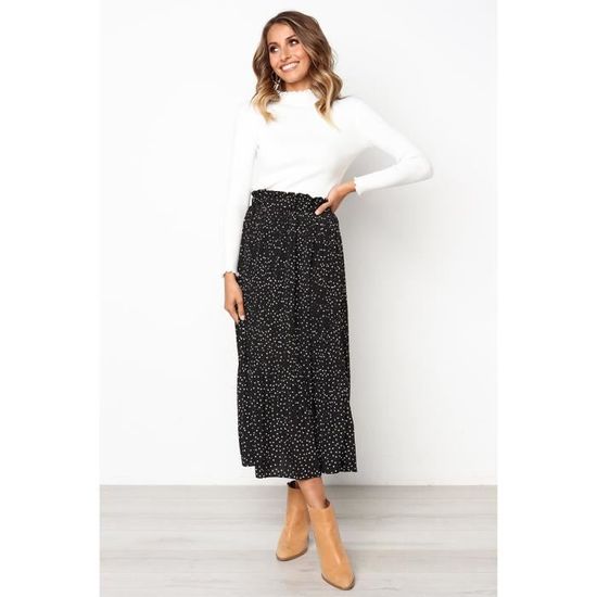 Jupe mi-longue pliss?�e ?� imprim?� floral ?� pois blancs - KJEHOME - taille haute ?�lastique ?�t?� 