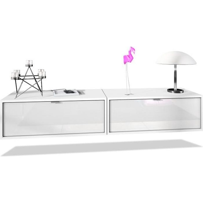 Ensemble de 2 set meuble TV Lana 80 armoire murale lowboard 80 x 29 x 37 cm, caisson en blanc mat, façades en Blanc haute brillance