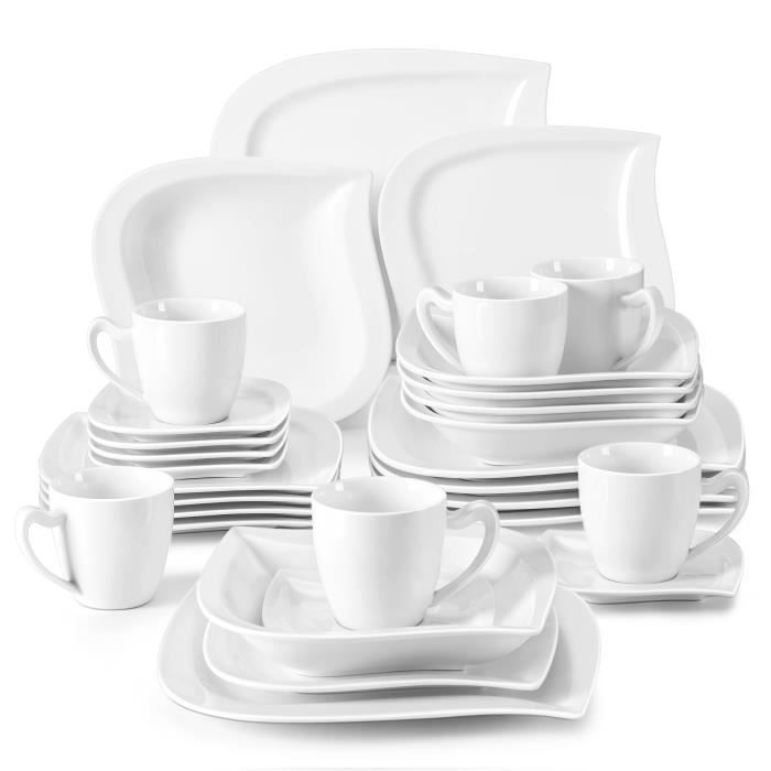 Malacasa Série Elvira Porcelaine 30pcs Service de Table 6 Tasses à Café 6 Sous-tasse 6 Assiette à Dessert 6 Creuses 6 Plates