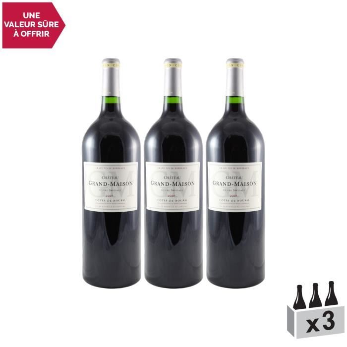 Château Grand-Maison Cuvée Sélection MAGNUM Rouge 2009 - Lot de 3x75cl - Appellation AOC Côtes de Bourg - Vin Rouge de Bordeaux -
