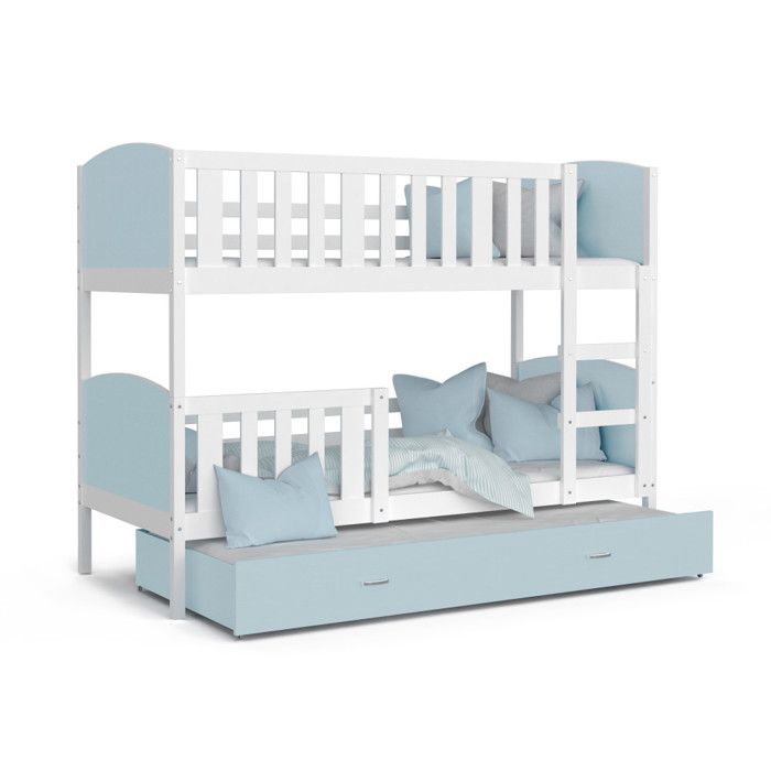 Lit superposé 3 places Tomy 90x190 BLANC BLEU Livré avec 3 sommiers et 3 matelas en mousse de 7cm OFFERTS