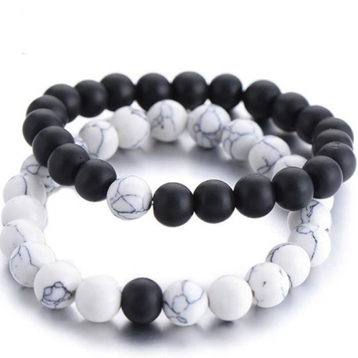 FESTIVUS Coffret Cadeau Bracelet Homme Femme Ensemble Couples Distance Bracelet Classique En Pierre Naturelle Blanc et Noir Perlée