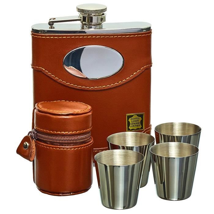 Gentlemans Gifts Online Flasque à alcool, coffret cadeau flasque Whisky 170 ml en cuir Espagnol et acier inoxydable avec plaque p