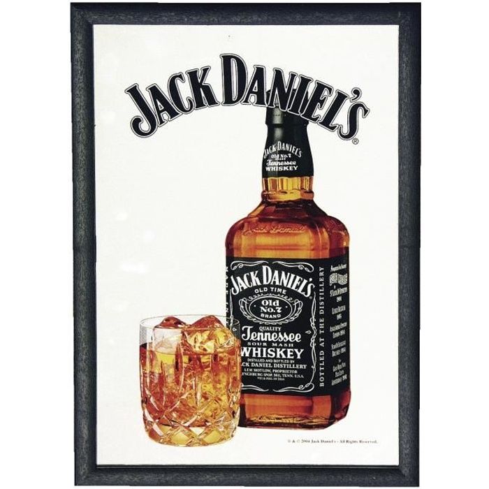 MIROIR JACK DANIEL'S verres et bouteille miroir mural avec cadre noir en plastique effet bois.