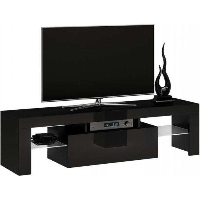 ROSALIE - Meuble TV moderne étagères en verre - 45x140x40 - Rangement matériel audio-vidéo - Noir