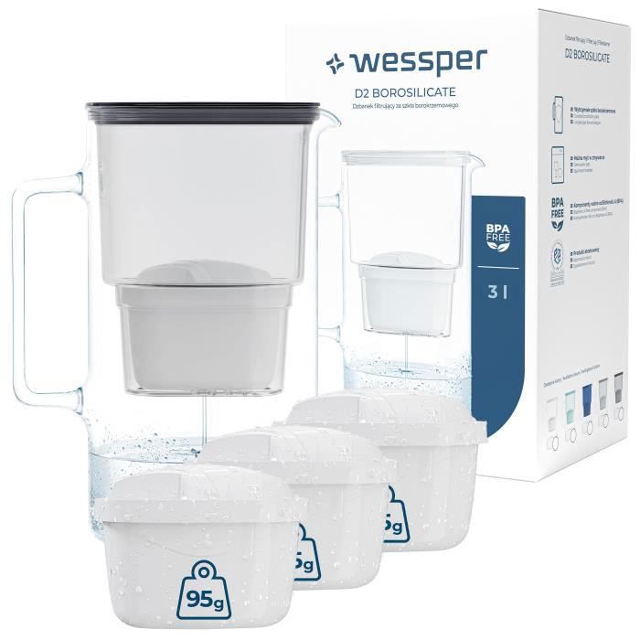 Carafe filtrante en verre Wessper AquaMax Crystalline + 4 filtres