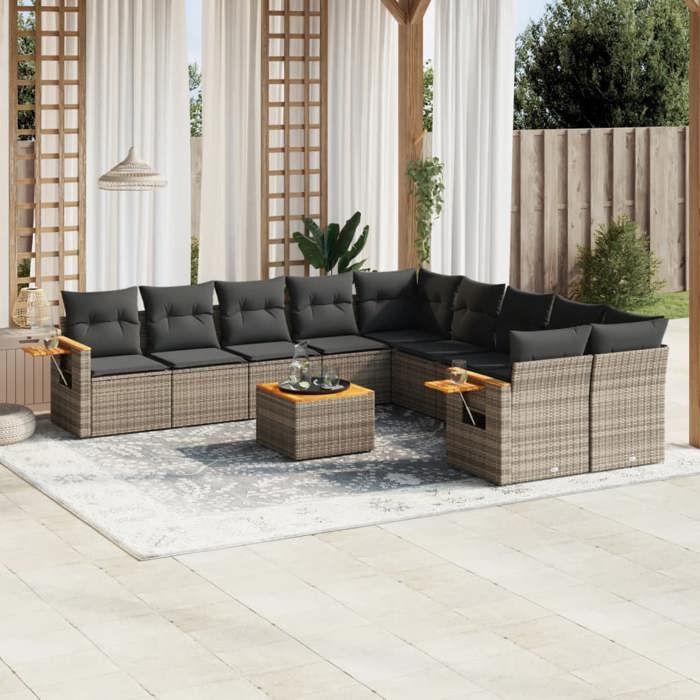 vidaXL Salon de Jardin avec Coussins 10 pcs Canapés de Terrasse Ensemble de Meubles de Patio Mobilier dExtérieur Beige 3259560