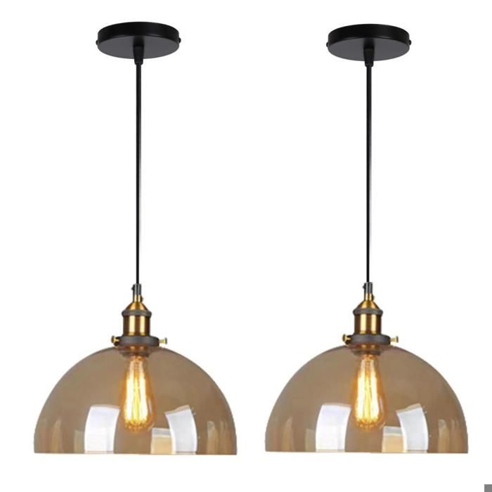 Diday 2pcs Suspension Luminaire IndustrielLampe de Plafond Avat-jour en Verre Design Demi - cercle E27 Luminaire Style EdisonAmbre
