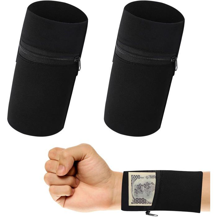 2 Pièces Portefeuilles de Poignet Bandeau Poignet avec Poche Zippée Bracelet de Sport pour Tennis Course