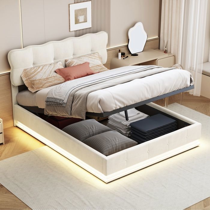 Lit coffre 140x200 - SUNFECILI - Velours beige - Sommier inclus - Rangement sous le lit - Charge 220kg