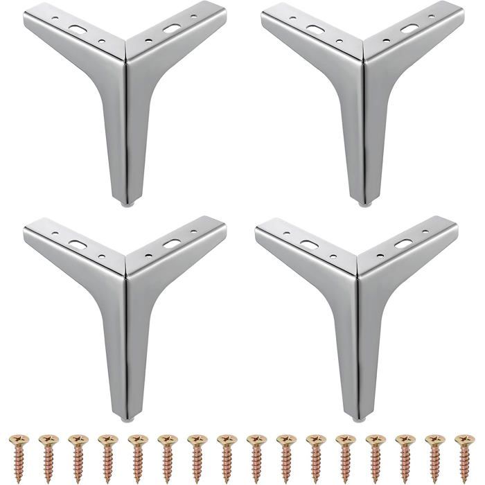 Lot de 4 pieds de meubles modernes en métal avec diamant triangulaire pour placard canapé chaise ottoman (10 cm) Argenté.