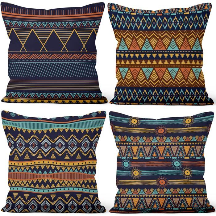 Housse coussin boho géométrie bohème rétro lot de 4 40x40 cm peluche courte douce sofa canapé chaise auto déco maison