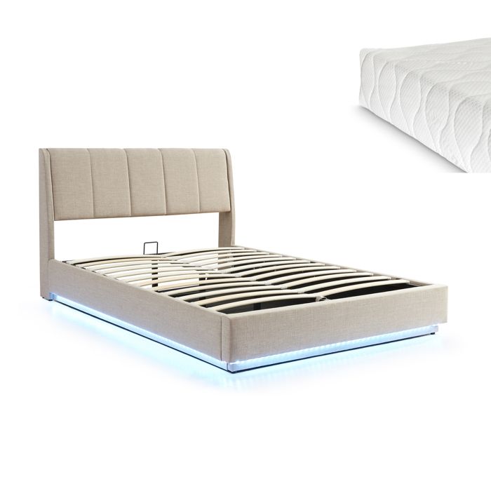 Lit double capitonné Tröstiar avec éclairage LED et matelas 140 x 200 cm beige Lit double capitonné Tröstiar avec éclairage LED et matelas 140 x 200 cm beige