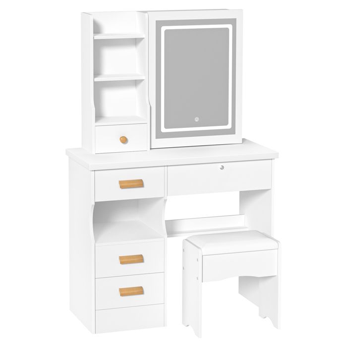 Coiffeuse avec miroir LED réglable - FIANAO - 5 tiroirs + étagères ouvertes - Bois mélaminé résistant aux rayures - Blanc élégant