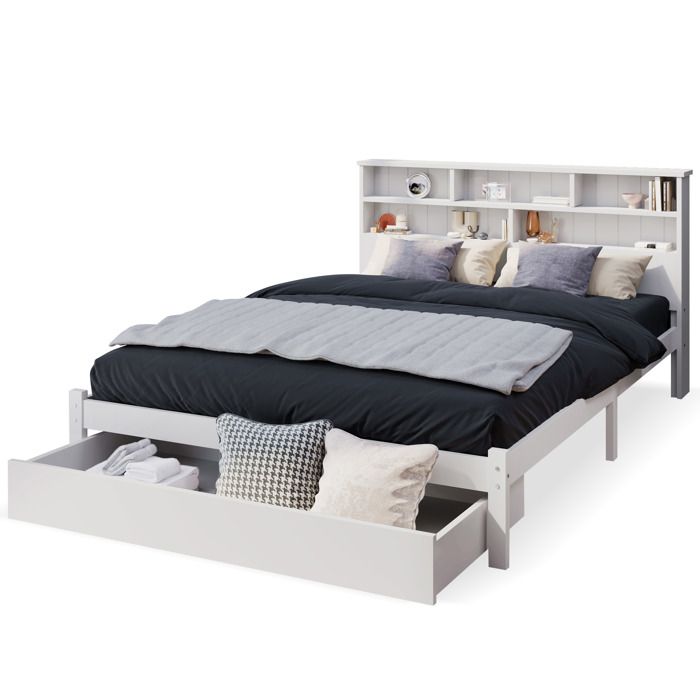 Lit adulte 140x200 cm en bois massif blanc tête style bibliothèque avec rangements