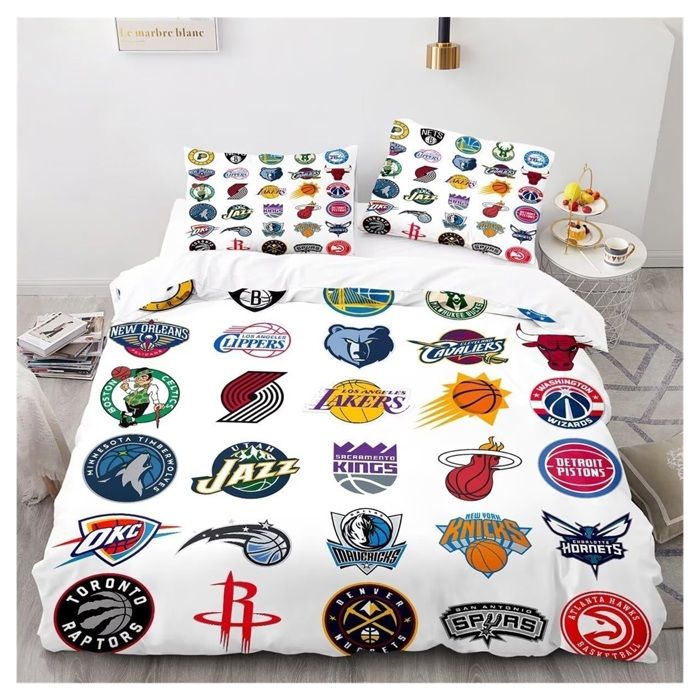 Basket-Ball Housse de Couette 220x240cm Taie doreiller 65x65cm Impression Numérique 3D Parure de Lit 100% Microfibre Blanc
