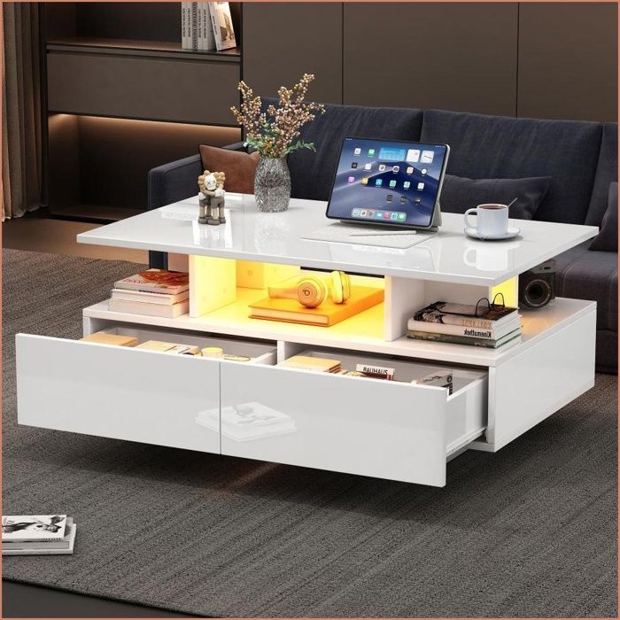 Table de salon moderne à LED intégrée - 2 tiroirs blancs brillants 90x55x41 cm