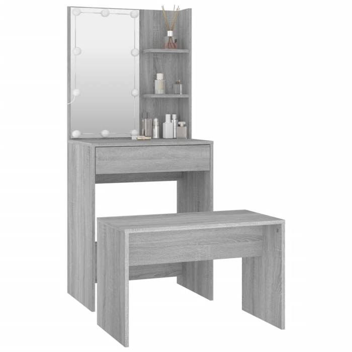 Coiffeuse avec LED - WIENS - Sonoma gris - Bois dingénierie - 60x40x140 cm - Tabouret inclus - Miroir utilitaire