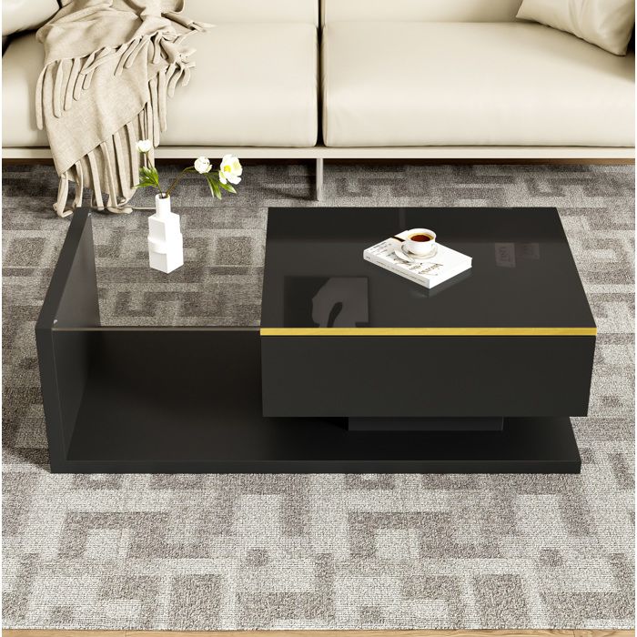 Table basse 100 x 50 x 32 5 cm noire brillante et mate plateau verre trempé LED 16 couleurs
