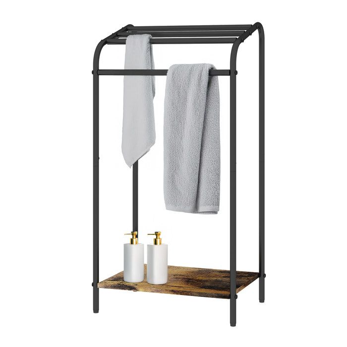 Relaxdays Porte-serviettes avec tablette HxLxP 79 5x41 5x28 5 cm industriel 4 barres sur pied marron foncé/noir