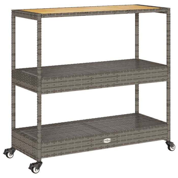 Saison Soldes Chariot de bar 3 niveaux - SARAZYJ - Trolley AVEC rangement - gris rotin et bois dacacia massif MM11997