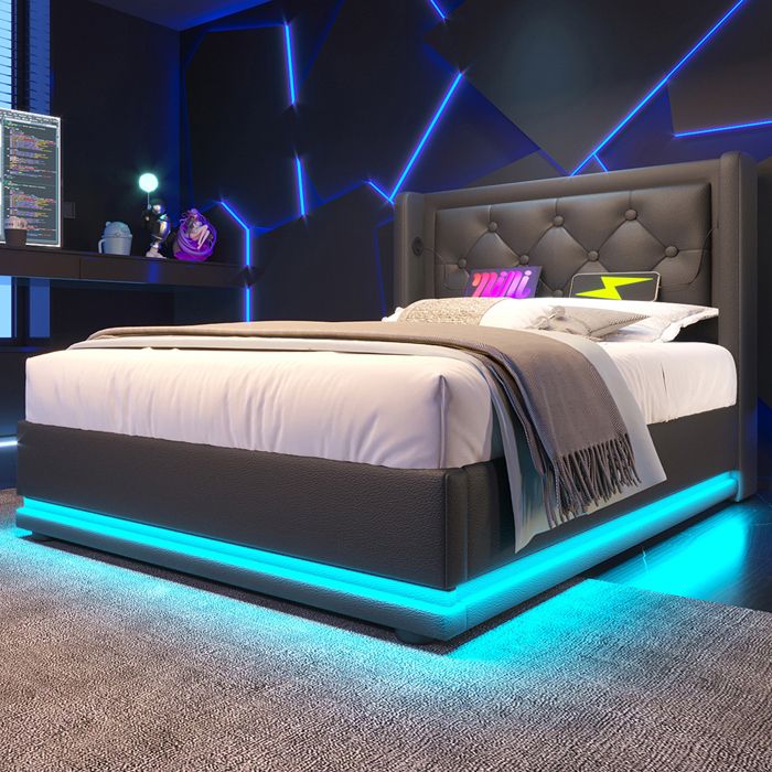 Lit coffre lit simple 90x200 cm en PU - avec LED et port de recharge USB type C - Espace de rangement - Noir