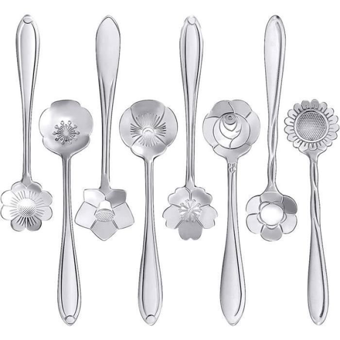 16 Pcs Cuillères à Café Cuillère à Café Forme de Fleur Cuillères à Thé Dessert Cuillère à Mélanger Vaisselle (Argent)