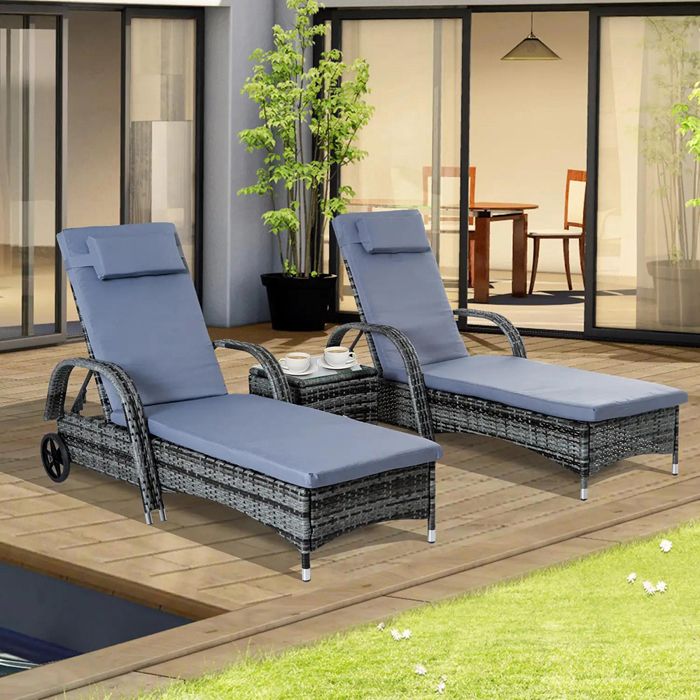 Ensemble de jardin - Lot de 2 transats bains de soleil + table - Dossier 5 positions - Matelas mousse HD - Structure métal époxy