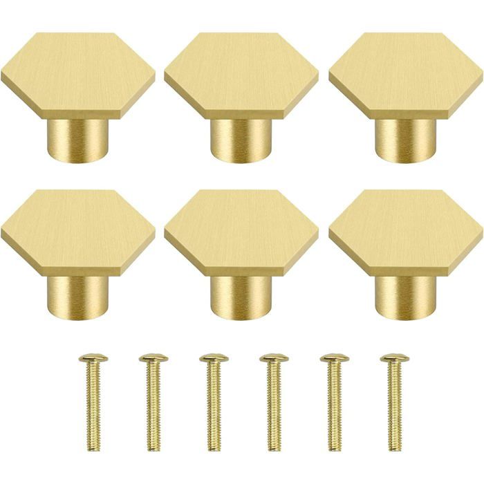 6 Pièces Boutons Porte Laiton Massif Poignées Hexagonales avec Vis pour Cuisine Salon Chambre