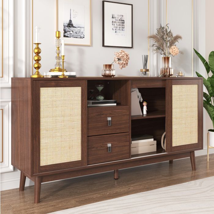 Buffet Bas 3 Portes Coulissantes en Rotin Naturel et 2 Tiroirs - YEAVIO - Bois Fonce pour Salon 155×38×80 cm